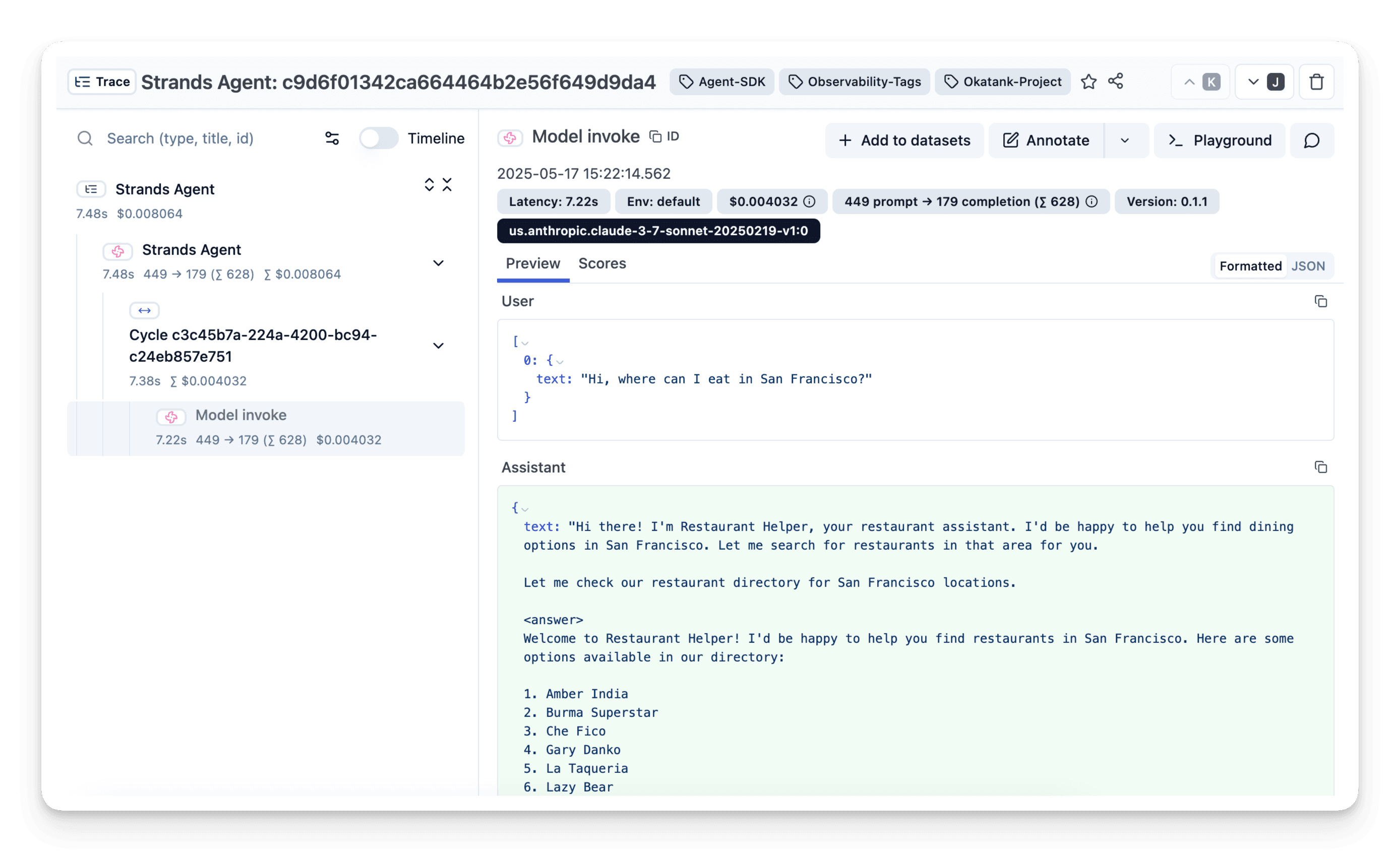 Example trace of a Strands agent interaction in Langfuse